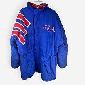 Vintage adidas USA Puffer Coat Red White Blue 3 Stripe XL Team‎ Olympics Soccer